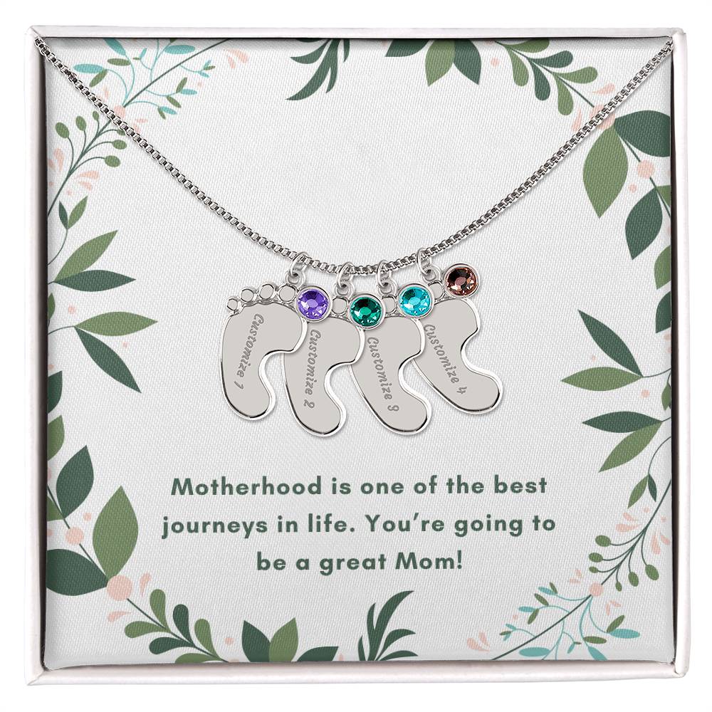 Baby Feet Necklace with Personalized Birthstone and Engraving